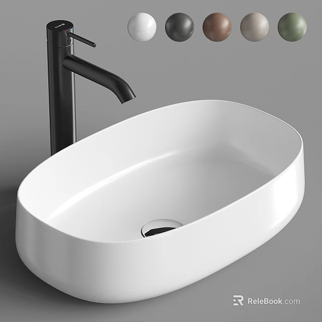 White Oval Shaped Countertop Wash Basin With Modern Black Faucet Design 3d model 