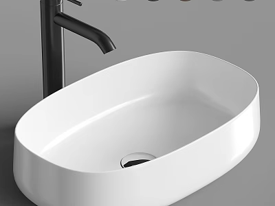 White Oval Shaped Countertop Wash Basin With Modern Black Faucet Design 3d model