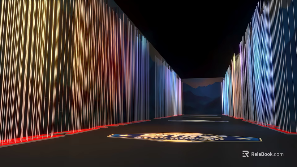 Modern Office Corridor With Colorful Vertical Lines And Branded Floor Design 3d model 