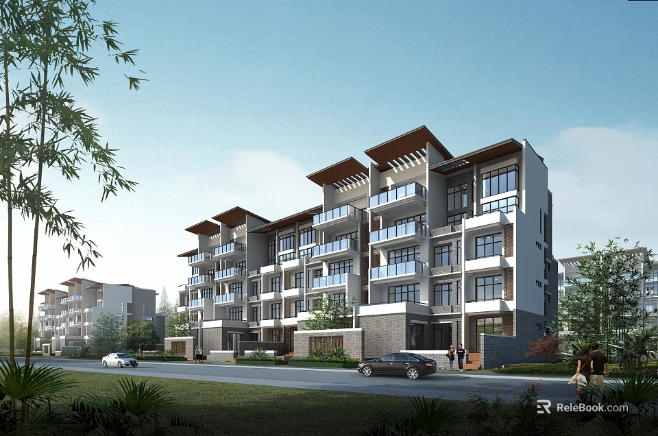 Modern Three Story Townhouse Exterior With Balconies Lush Greenery And Parking 3d model 