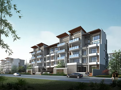 Modern Three Story Townhouse Exterior With Balconies Lush Greenery And Parking 3d model