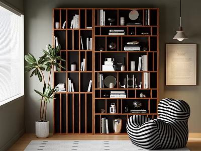Brown Wooden Shelf with Books Decorations in Modern Room With Green Plant And Striped Chair 3d model