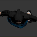A Woman Wearing Black Hoodie Blue Skirt White Socks Black Shoes On Gray Background