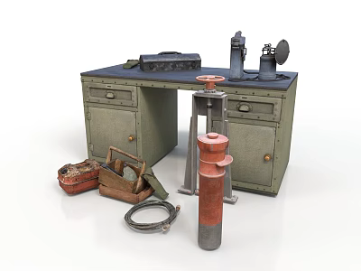 Green Workbench With Tools Equipment Wooden Box Red Component And Cable Setup 3d model