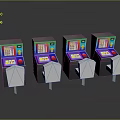 Arcade Gaming Machines Featuring Four Units Colorful Screens Control Buttons White Chairs Gray Background