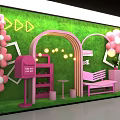 Colorful Decorative Setup With Green Backdrop Pink Flowers Arch Bench Frames Mailbox And String Lights 3d model