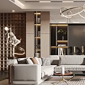 Modern Living Room Interior With White Sofa Large TV Wall Circular Chandelier And Decorative Plants
