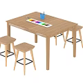 Modern Wooden Table and Stool Set With Black Metal Legs Colorful Palette and Pen Holder