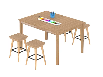 Modern Wooden Table and Stool Set With Black Metal Legs Colorful Palette and Pen Holder 3d model