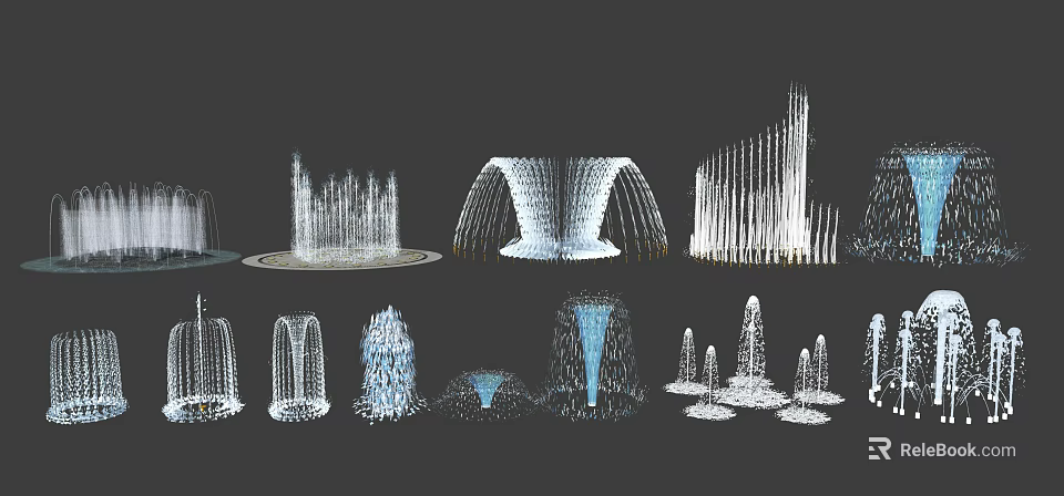 Various Water Fountains With Different Spray Patterns And Structural Designs 3d model 
