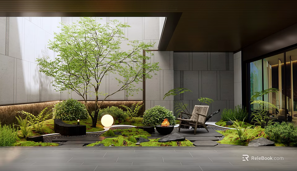 Modern Courtyard Garden With Green Tree Fire Pit Wicker Chair Stone Path And Lush Plants 3d model 