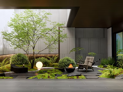 Modern Courtyard Garden With Green Tree Fire Pit Wicker Chair Stone Path And Lush Plants 3d model