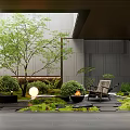 Modern Courtyard Garden With Green Tree Fire Pit Wicker Chair Stone Path And Lush Plants