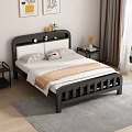 Modern Double Bed With Black and White Headboard Wooden Frame Nightstand and Decorative Wall Art Items