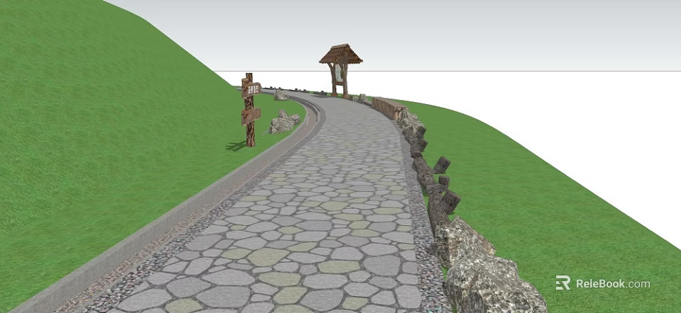 Winding Stone Paved Path With Wooden Pavilion Stone Walls And Grassland 3d model 