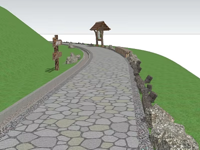 Winding Stone Paved Path With Wooden Pavilion Stone Walls And Grassland 3d model
