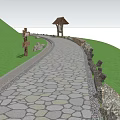 Winding Stone Paved Path With Wooden Pavilion Stone Walls And Grassland