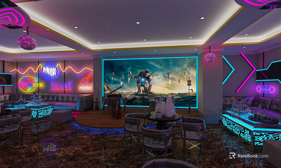 KTV Lounge With Neon Lights Large Mural Sofa Seating And Round Tables 3d model 