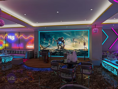 KTV Lounge With Neon Lights Large Mural Sofa Seating And Round Tables 3d model