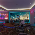 KTV Lounge With Neon Lights Large Mural Sofa Seating And Round Tables