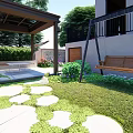 Beautiful Garden Landscape With Stone Stepping Path Lush Green Plants Outdoor Lighting And Wooden Bench