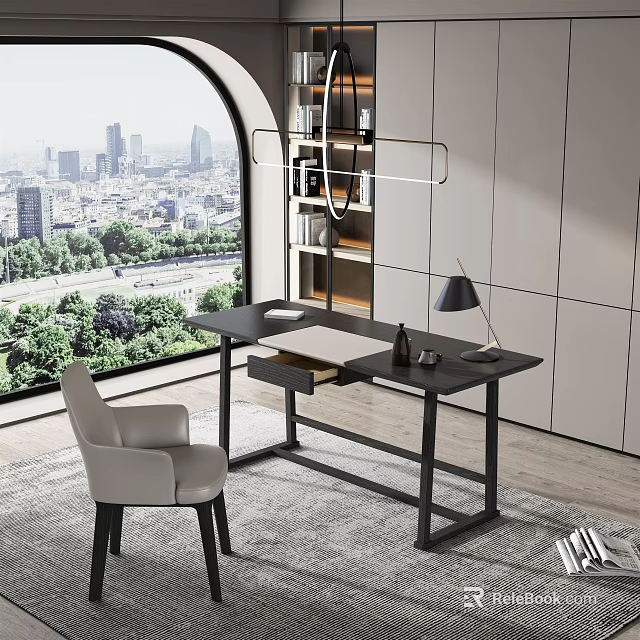 Modern Home Office Desk With Comfortable Chair And Floor Lamp Near Large Window 3d model 