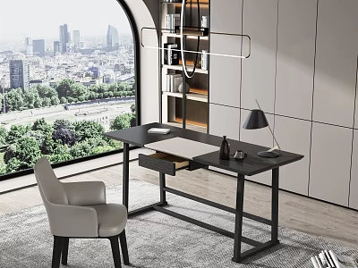 Modern Home Office Desk With Comfortable Chair And Floor Lamp Near Large Window 3d model