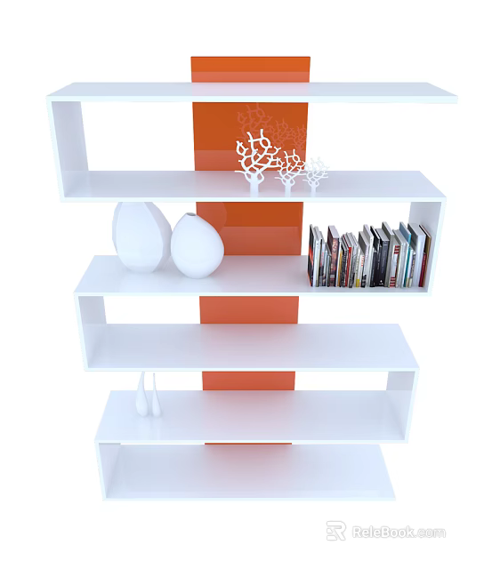 Modern White Bookcase With Multiple Shelves Orange Panels And Decorative Ornaments Books 3d model 