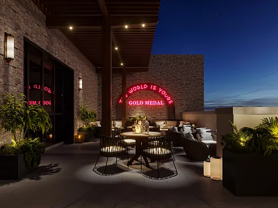 Elegant Restaurant Terrace With Neon Sign Tables Chairs Plants And Night Lighting 3d model