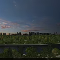 Park Landscape View With River Green Trees And City Skyline Under Blue Sky