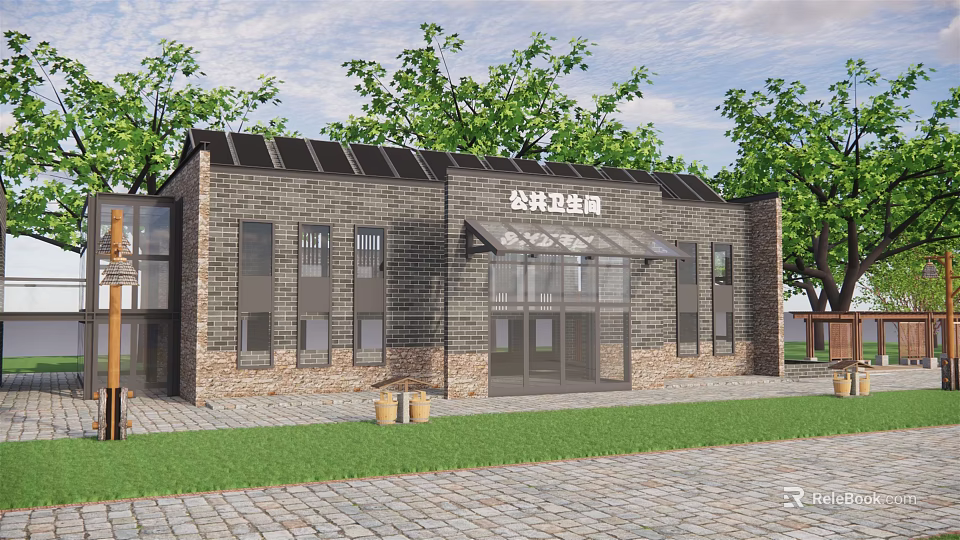 Public Restroom Building With Solar Panels Brick Wall Glass Door Green Trees And Lawn 3d model 