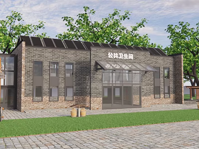 Public Restroom Building With Solar Panels Brick Wall Glass Door Green Trees And Lawn 3d model