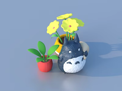 Cute Totoro Stuffed Doll with Yellow Flowers Green Plants and Red Flower Pot 3d model