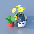 Cute Totoro Stuffed Doll with Yellow Flowers Green Plants and Red Flower Pot