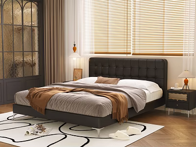Modern Double Bed With Black Leather Headboard Soft Bedding Bedside Table And Window Blinds 3d model