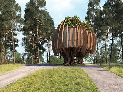 Unique Spherical Wooden Building With Green Roof Amid Forest Trees And Grassy Pathways 3d model