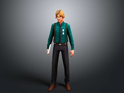 Stylish Man With Blonde Hair Wearing Green Shirt Suspenders And Dark Pants Holding White Paper 3d model