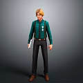 Stylish Man With Blonde Hair Wearing Green Shirt Suspenders And Dark Pants Holding White Paper