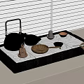 Traditional Tea Set With Ceramic Teapot Teacups Stone Tray Buddha Statue Wooden Plate
