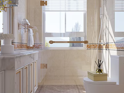 Modern Bathroom Interior Design With Marble Countertop Tiled Walls And Vanity Cabinets 3d model