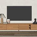 Modern Wooden TV Stand with Drawers and Storage Shelves Table Lamp Photo Frame Books and Sculpture