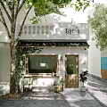 Cozy Storefront With Wooden Door Laca Sign Window Wall Lamp Green Plants And Decorative Flowers