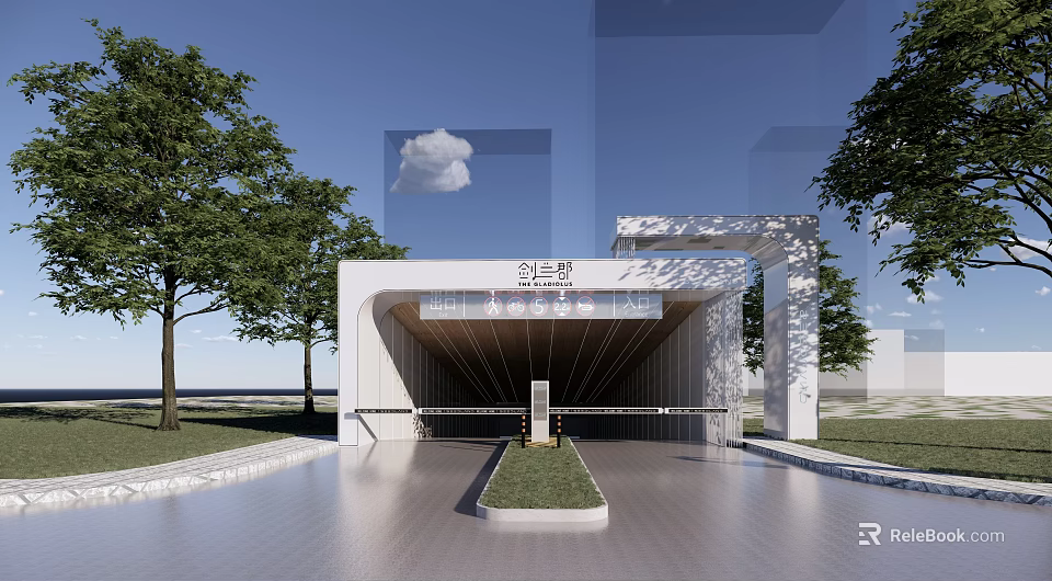 Modern Country Garden Entrance Design With Trees Lawn And Paved Pathway 3d model 