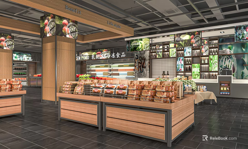 Supermarket Department Store Interior With Shelves Bakery Items And Fresh Fruits 3d model 