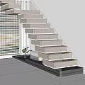 Modern Wooden Staircase With Glass Railing Window Blinds Decorative Plant And Small Lights