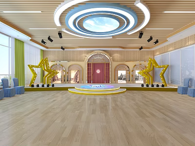 Spacious Activity Hall Interior With Circular Stage Wooden Floor Skylight And Yellow Star Decorations 3d model