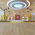 Spacious Activity Hall Interior With Circular Stage Wooden Floor Skylight And Yellow Star Decorations