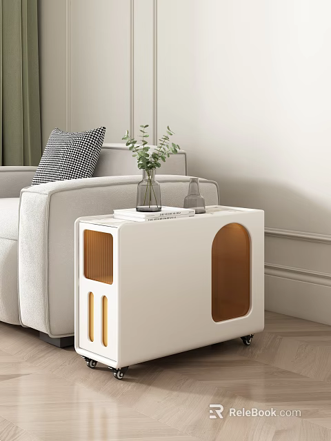 Modern White Side Table With Gold Accents Wheels And Plants In Living Room 3d model 