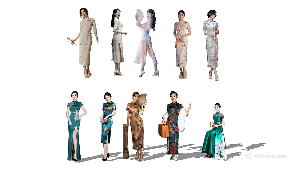 Group Of Women Wearing Traditional Qipao In Different Styles And Colors 3d model 
