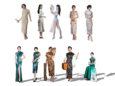 Group Of Women Wearing Traditional Qipao In Different Styles And Colors 3d model